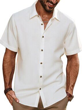 Men's White Casual Shirts Short Sleeve Button Down Lightweight Summer